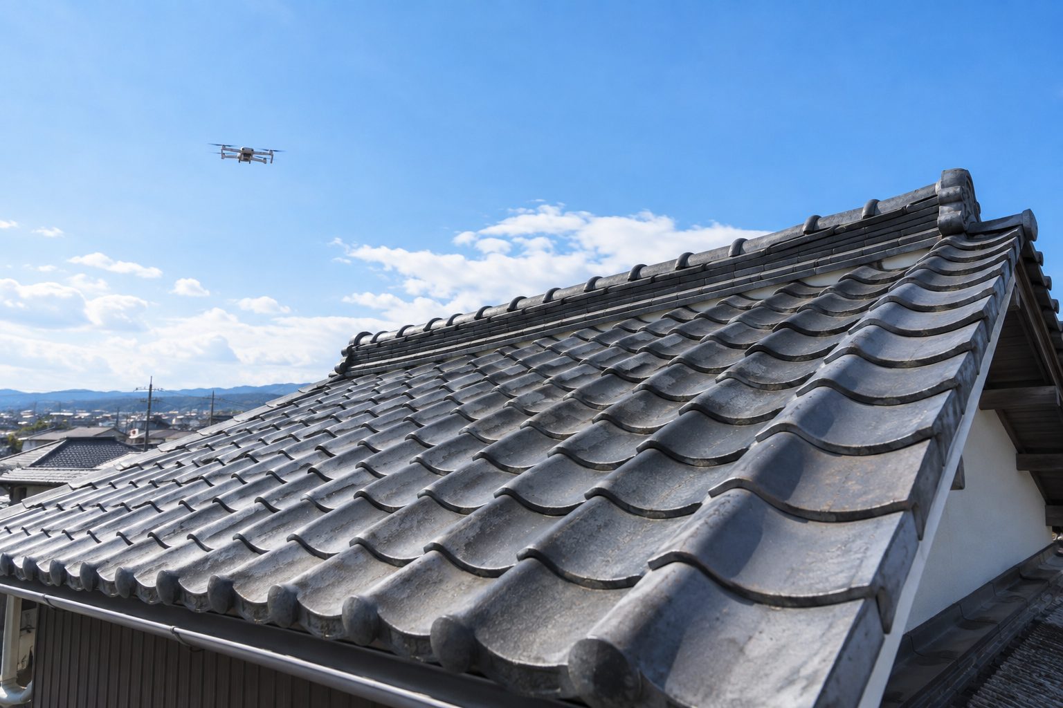 ドローンが飛ぶ瓦屋根（イメージ）